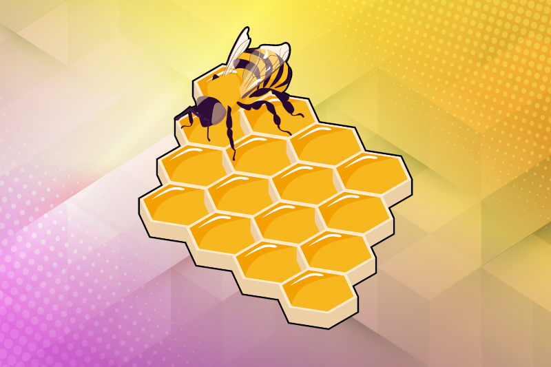 Cartoon graphic of a bee sitting on-top of some honeycomb.