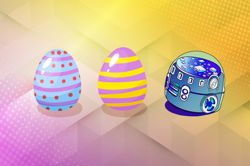 Cartoon graphic of a round robot next to some decorated easter eggs.