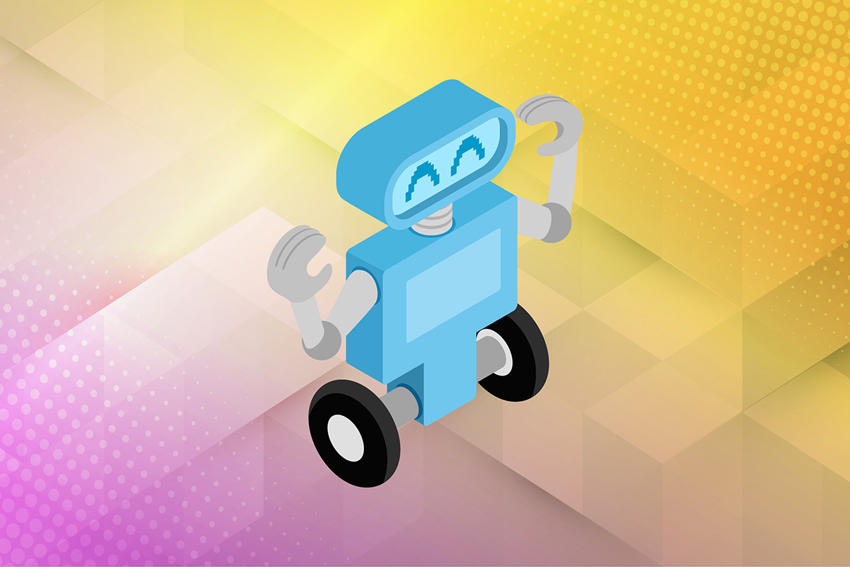 Happy blue robot with wheels on colorful background.